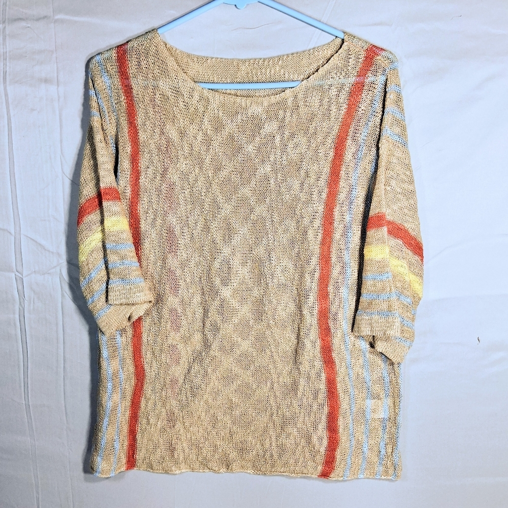 Womens XL Woven Crew 3/4 Sleeve Blue, Yellow, Orange Baggy Sweater - Picture 3 of 8